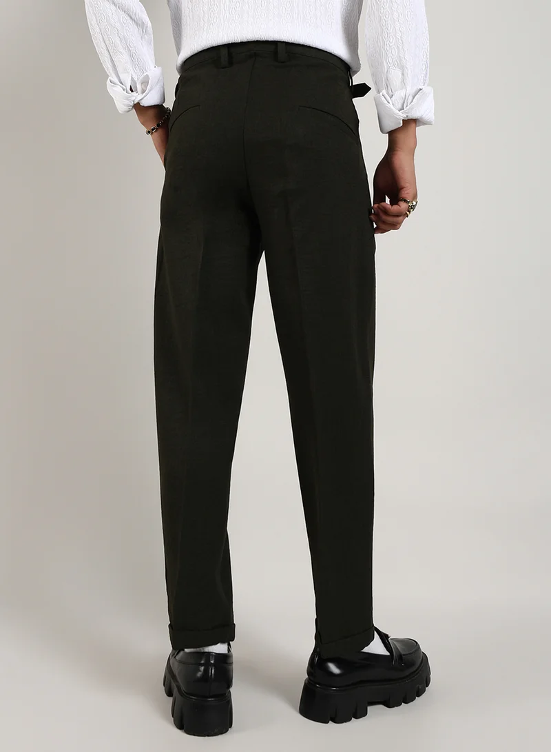 CAHOOT  Men's Juniper Green Tailored Linen-Blend Trousers For Casual Wear | Tailored-Fit | Mid-Rise | Button Closure | Trousers Crafted With Comfort Fit For Everyday Wear for Men | Best Price UAE